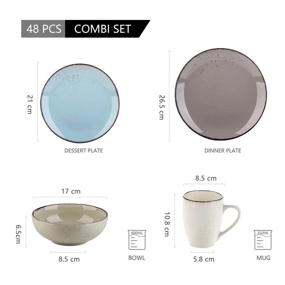 Stoneware Dinnerware Set (Dinner Plate, Salad Plate, Bowl & Cup), 3 Sizes - 4, 8, or 12 Place Settings