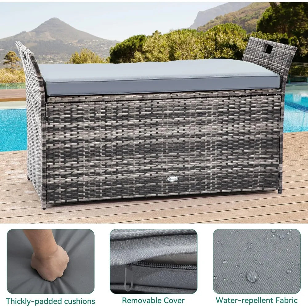 Outdoor Wicker Storage Bench, with Cushion and Handles, 90 Gallon Storage, Grey