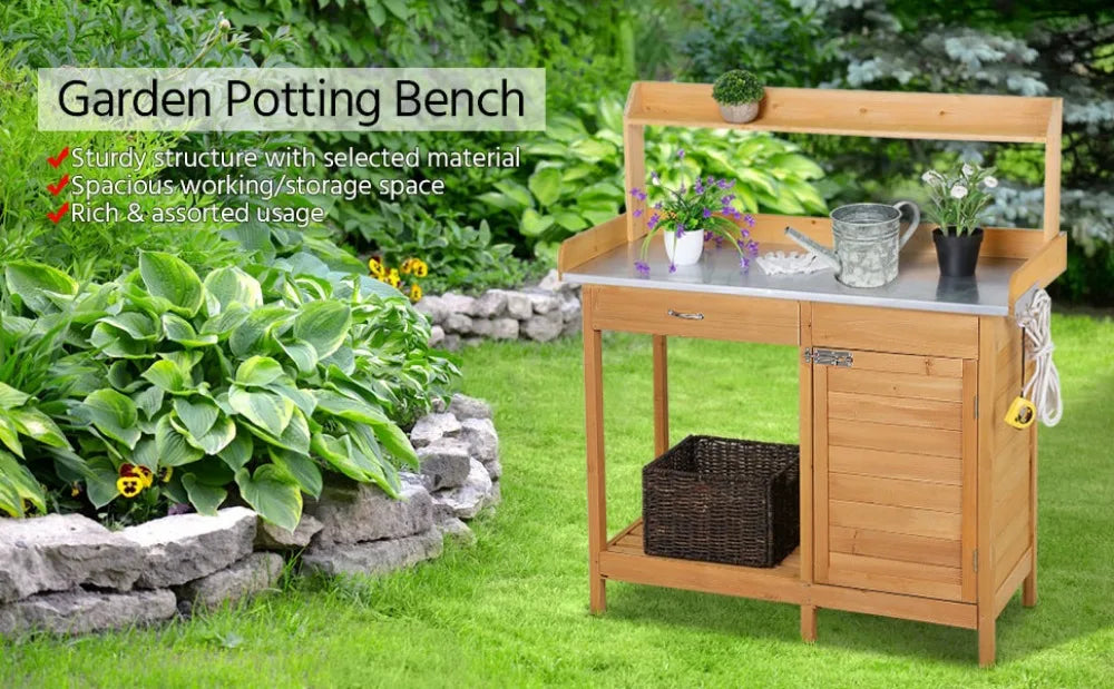 Outdoor Potting Bench, Plant Work Station, Top Work Area, with Drawer & Cabinet, 2 Colors