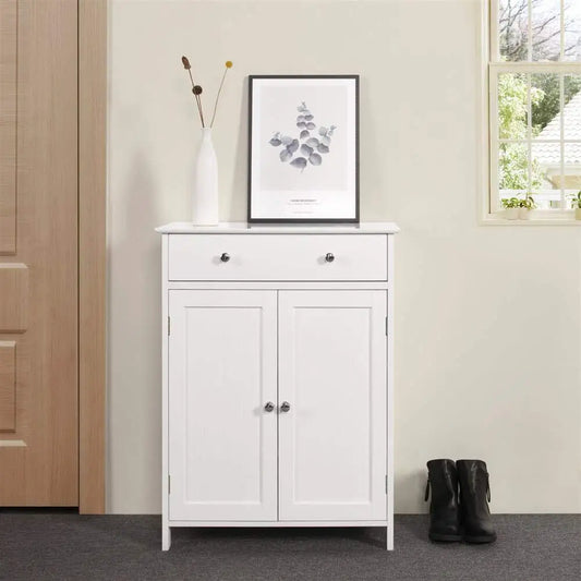 Wooden Floor Cabinet, Bathroom Storage, Adjustable Shelves, White