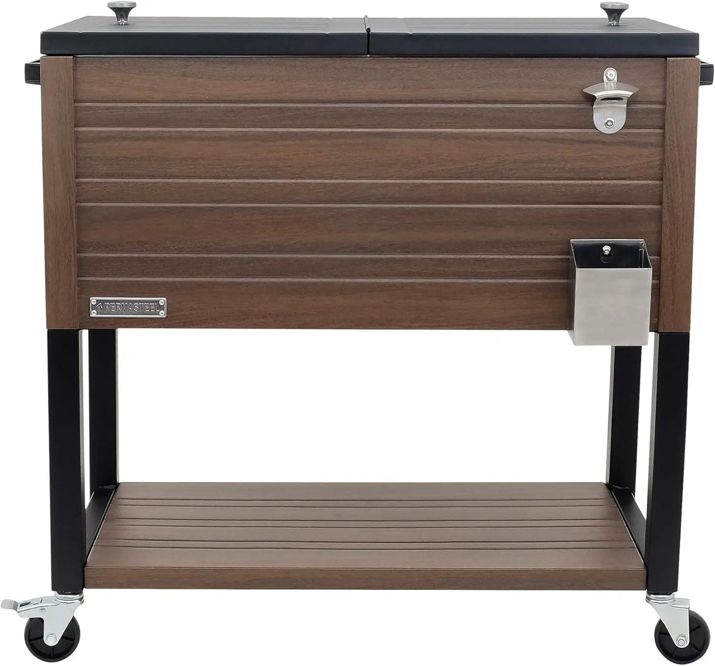 Outdoor Patio Cooler with Wheels, Wood Grain Accent, Brown