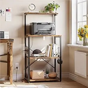 4 Tier Bakers Rack with Power Outlet, 6 "S" Shaped Hooks