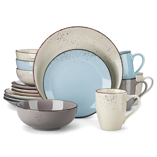 Stoneware Dinnerware Set (Dinner Plate, Salad Plate, Bowl & Cup), 3 Sizes - 4, 8, or 12 Place Settings