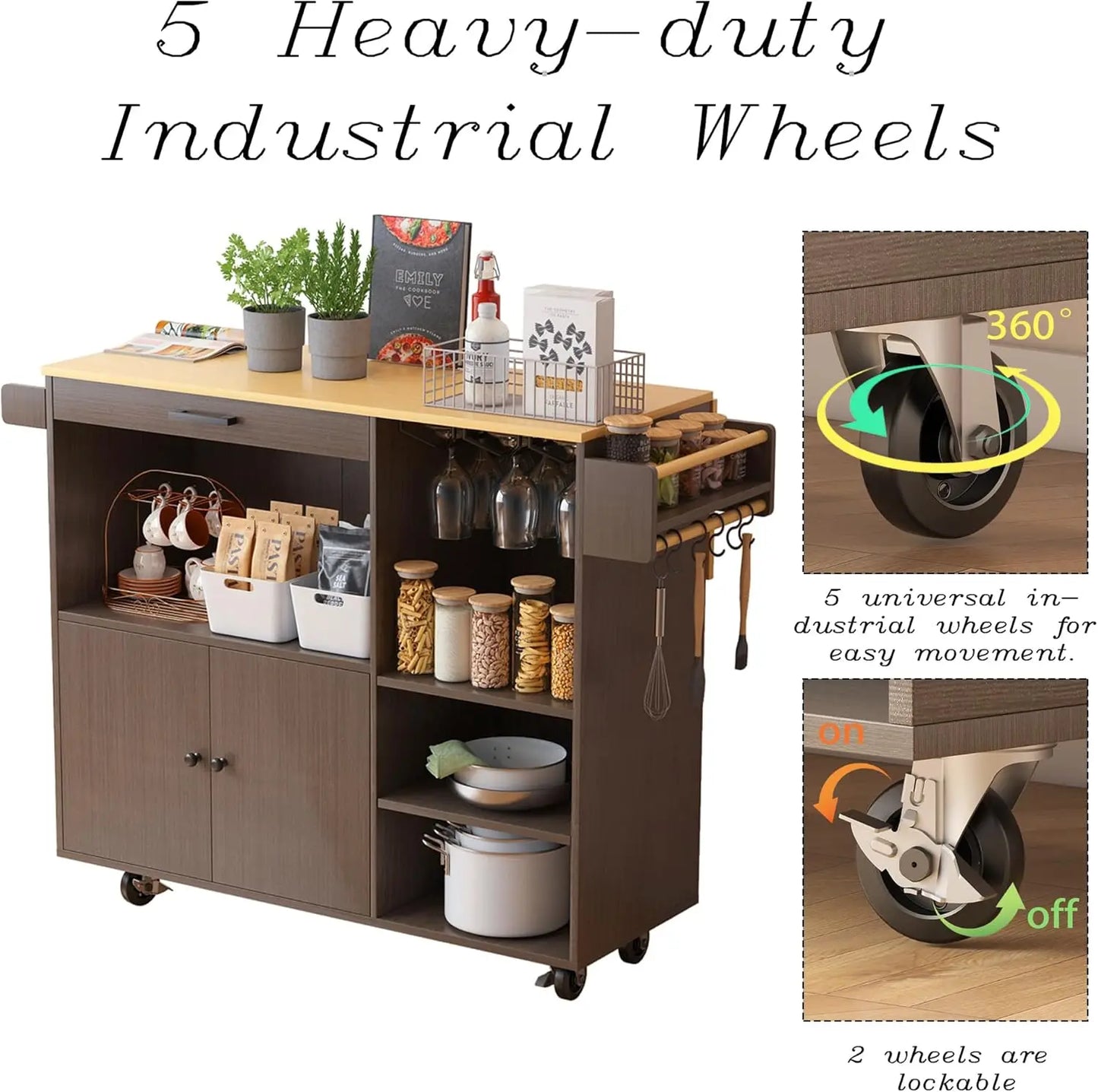 Kitchen Island Cart with Folding Drop Leaf & Storage, On Wheels, with Wine Glass Rack