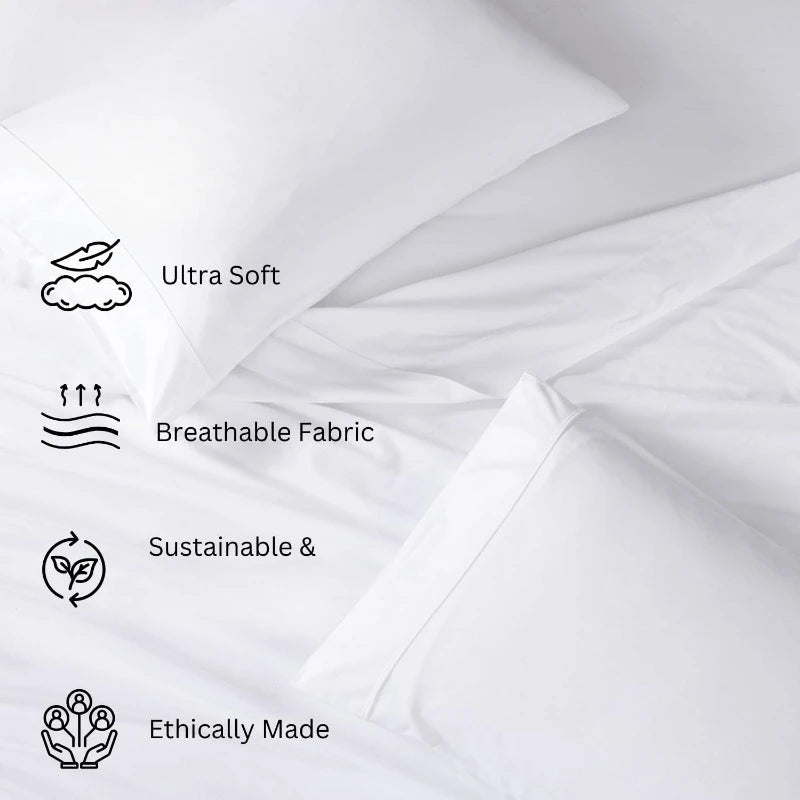 4 Piece Organic Cotton Sheet Set, Soft & Breathable, Queen Size, White