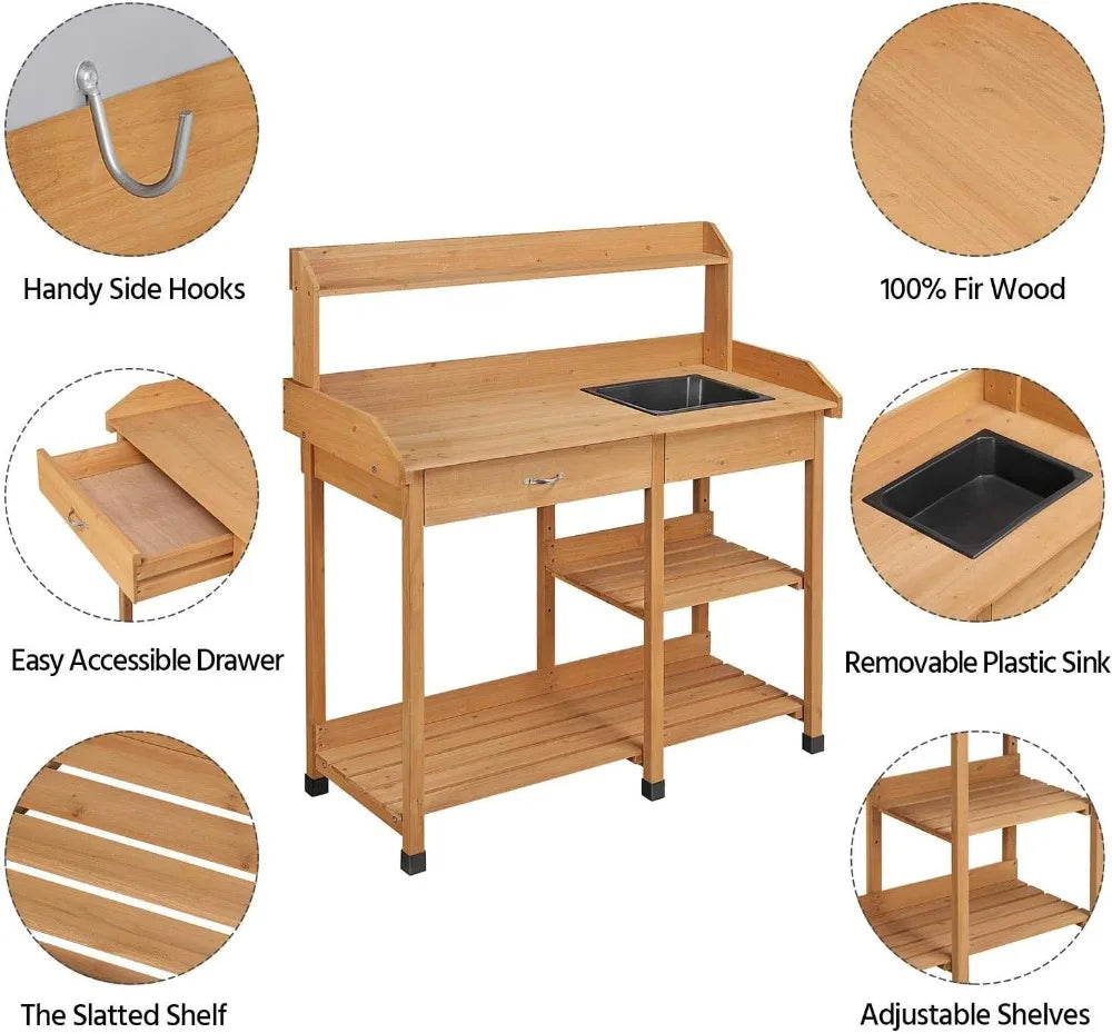 Outdoor Potting Bench/Work Bench, Removable Sink Drawer Rack, 45.2 Inch L X 17.7 Inch W X 47.6 Inch H, 3 Colors