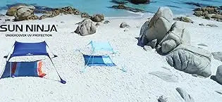 Sun Shelter Tent, with Ground Pegs and Stability Poles, includes Sand Shovel, Blue Only