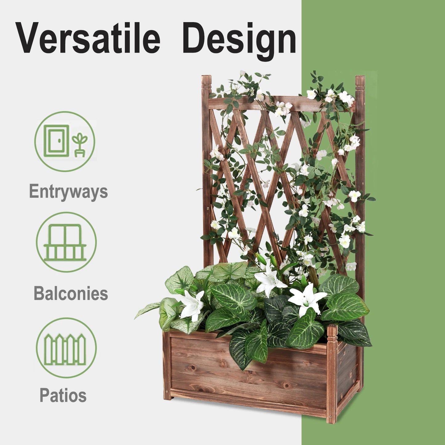 Raised Wooden Elevated Planter Box, with Trellis, Brown