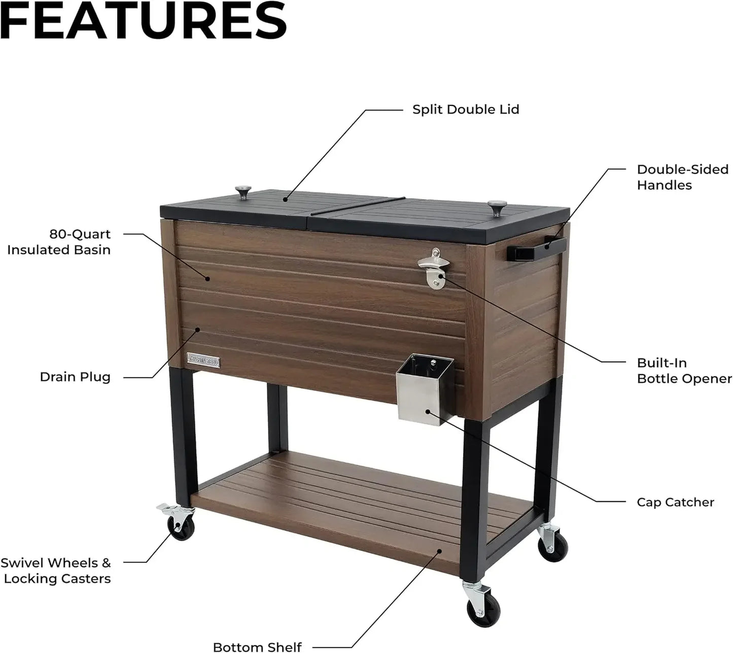 Outdoor Patio Cooler with Wheels, Wood Grain Accent, Brown