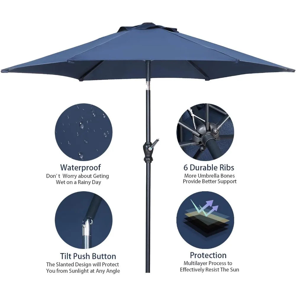 7.5 Ft. Outdoor Patio Umbrella, Push Button Tilt and Crank, Navy Blue