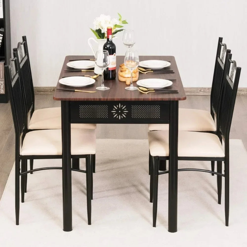 5 Piece Dining Table and Chairs Set, Wood Top with Metal Frame, Padded Seats, 2 Colors