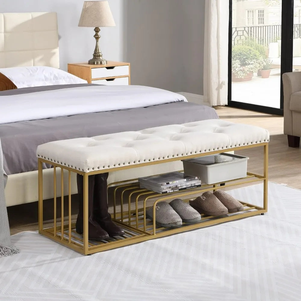 Entryway Ottoman/Storage Bench, Gold Metal Frame/Beige Padded Seat