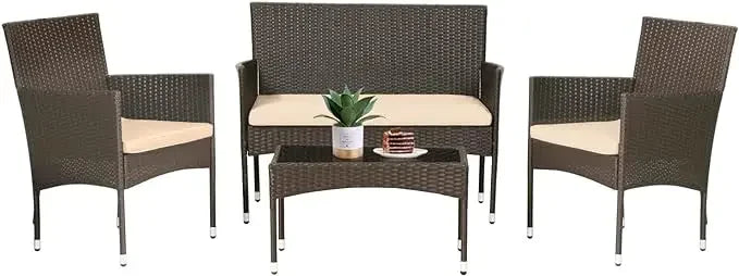 Wicker/Rattan Patio Furniture Set, 4 Pieces (Loveseat, 2 Chairs & Table) 7 Colors