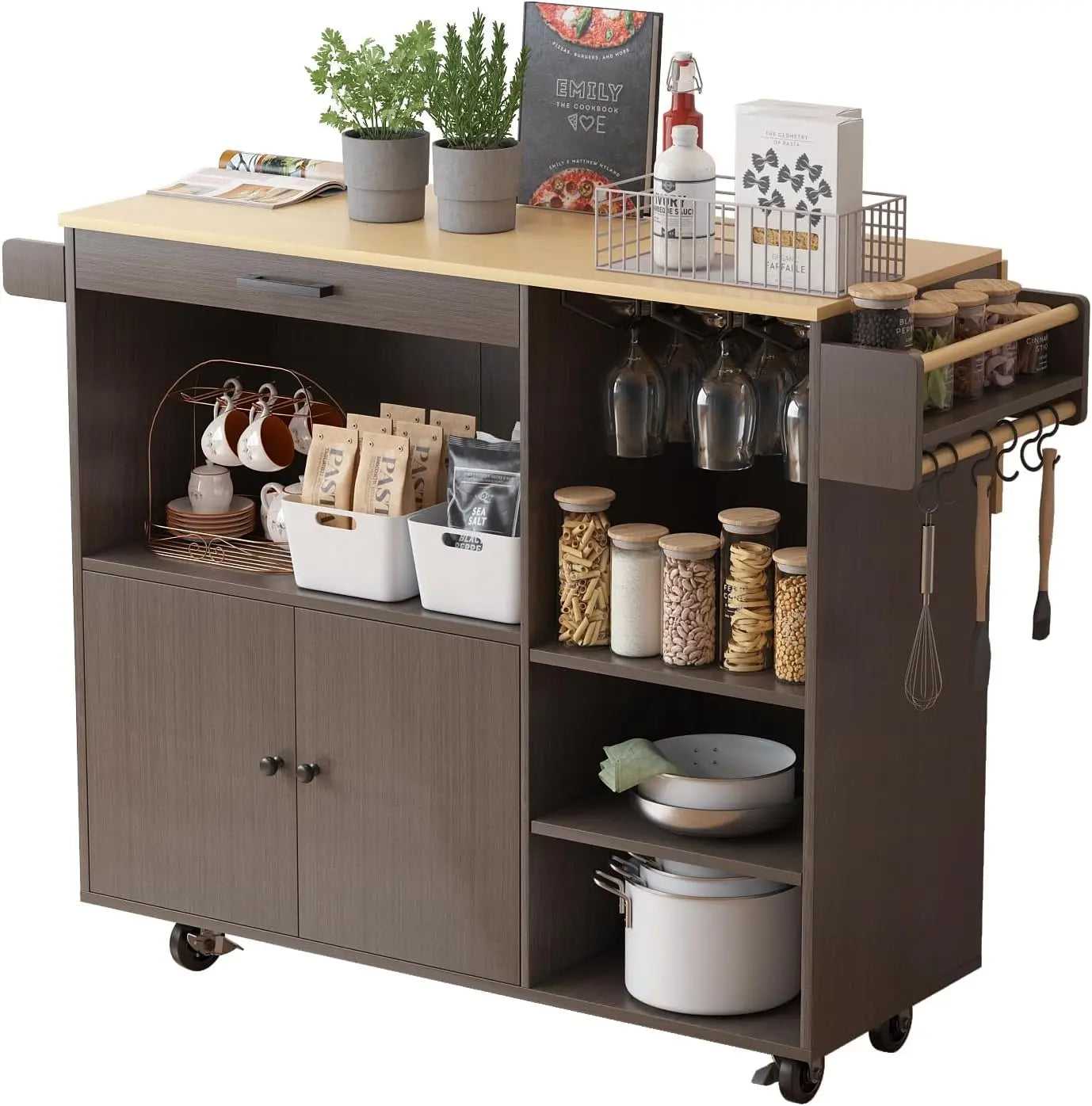 Kitchen Island Cart with Folding Drop Leaf & Storage, On Wheels, with Wine Glass Rack