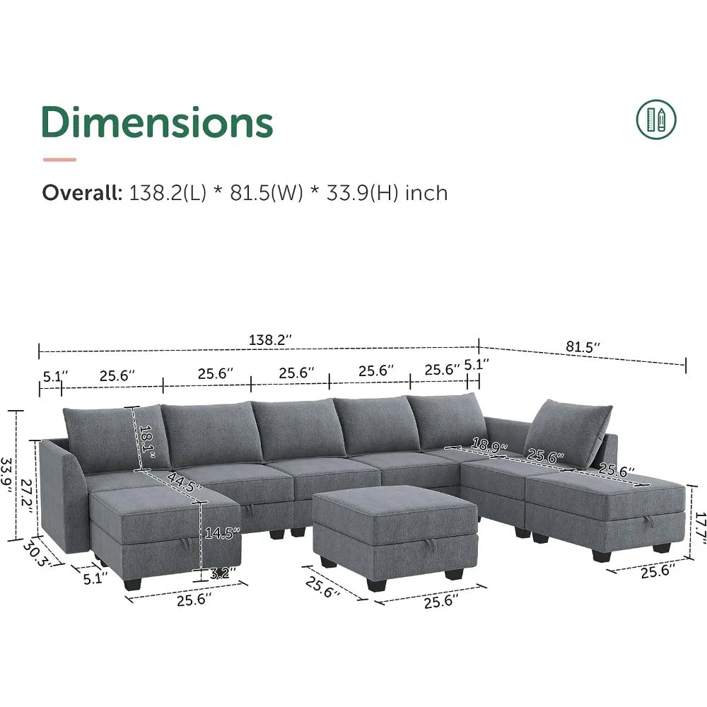 Modular Living Room Sofa, Wide Chaise, Storage Seats, 3 Colors