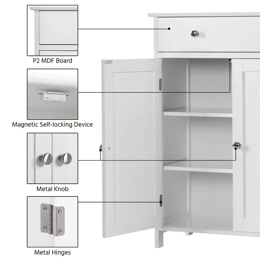 Wooden Floor Cabinet, Bathroom Storage, Adjustable Shelves, White