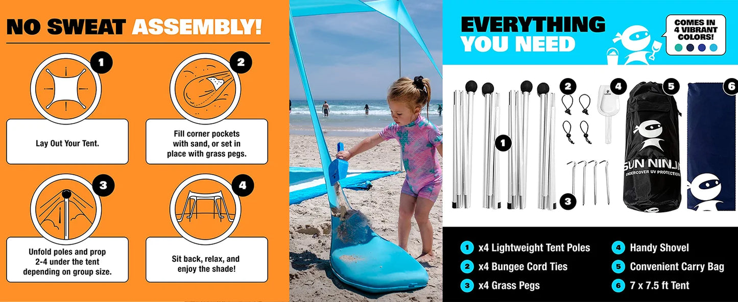 Sun Shelter Tent, with Ground Pegs and Stability Poles, includes Sand Shovel, Blue Only