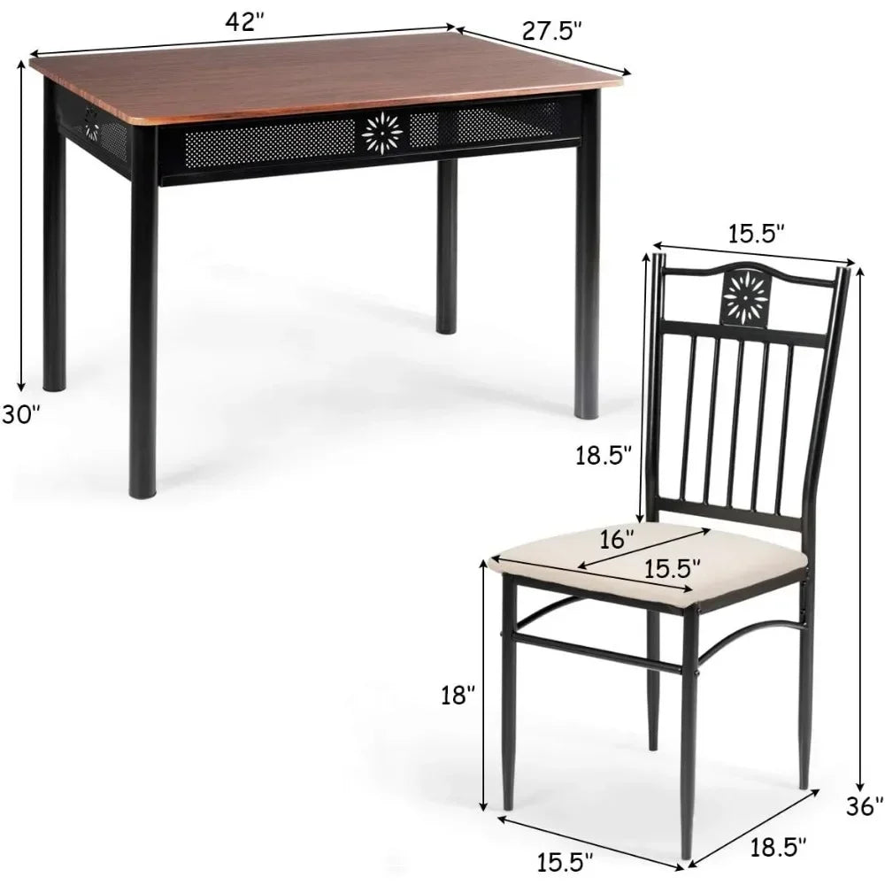 5 Piece Dining Table and Chairs Set, Wood Top with Metal Frame, Padded Seats, 2 Colors