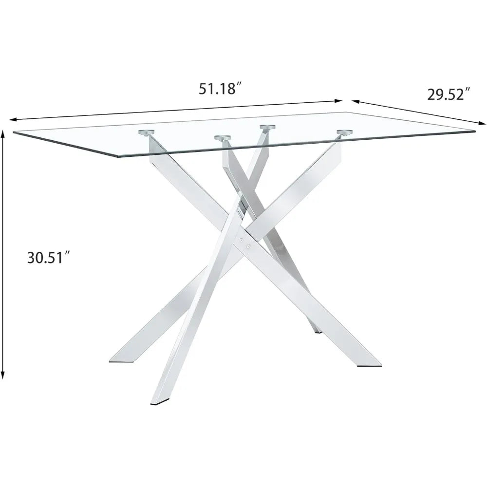 Glass Top Dining or Kitchen Table, Seats 4, Chrome Plated Metal Legs, 51 Inch Rectangular, 4 Colors