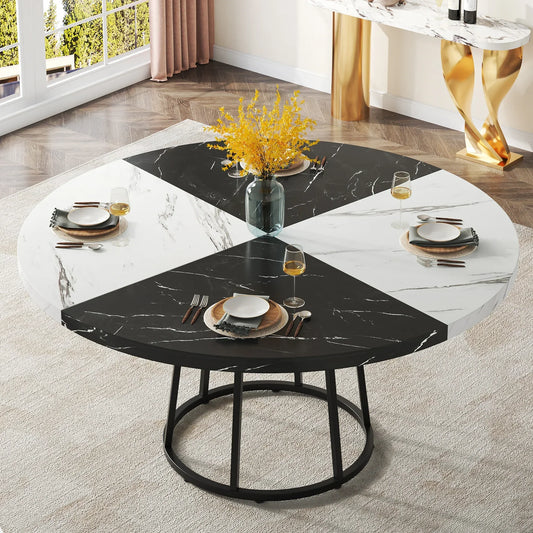 Round Dining Table, Seats 4 People, 47 Inch Table with Circular Metal Base