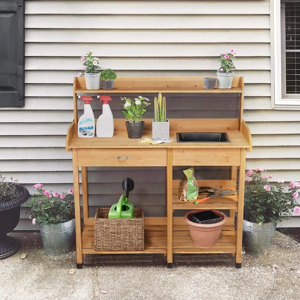 Outdoor Potting Bench/Work Bench, Removable Sink Drawer Rack, 45.2 Inch L X 17.7 Inch W X 47.6 Inch H, 3 Colors