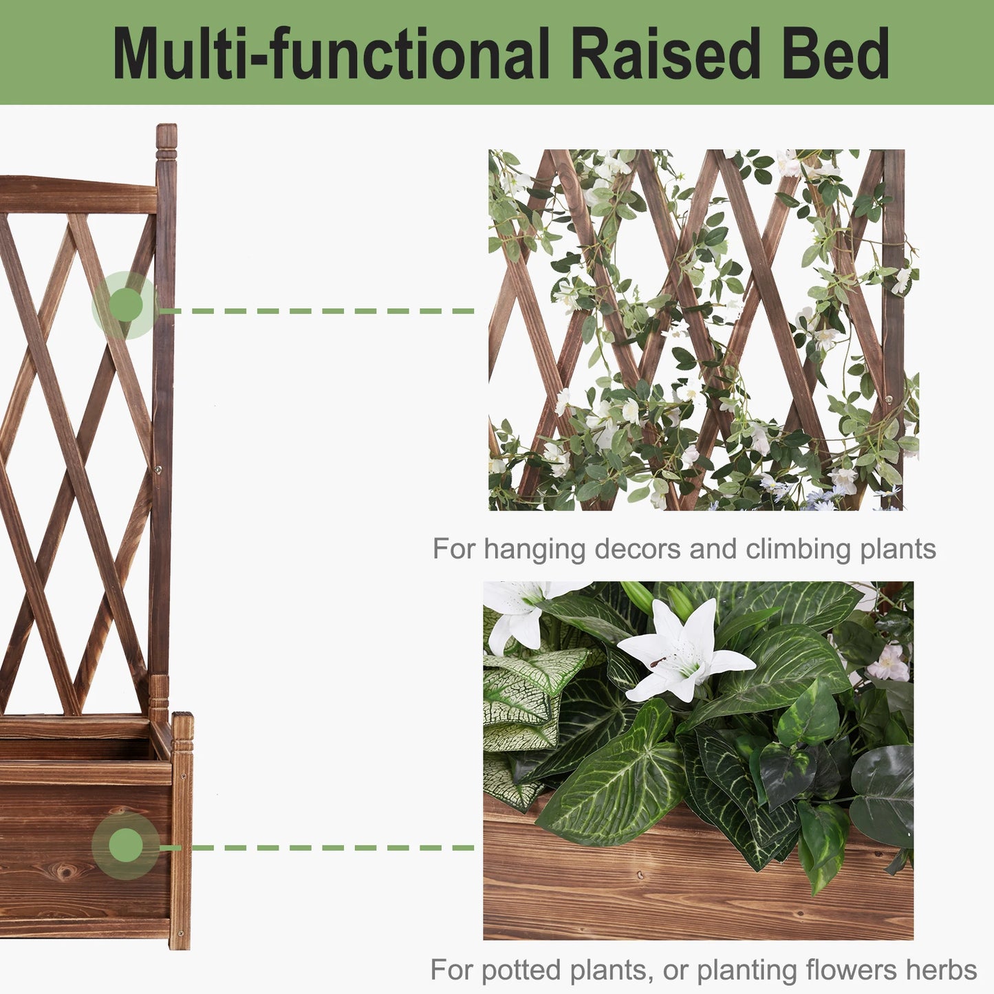 Raised Wooden Elevated Planter Box, with Trellis, Brown