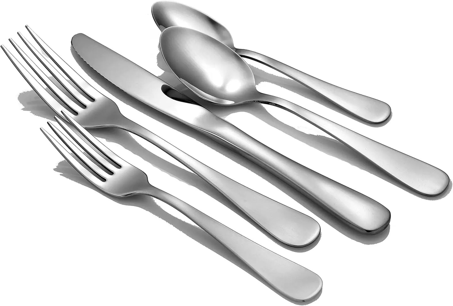 65 Piece Flatware Set for 12, Made in USA, Each Place Setting Includes 2 Forks, 2 Spoons, Dinner Knife, Also 5 Serving Pieces