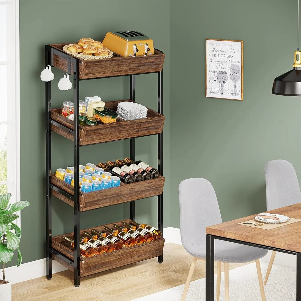 Kitchen/Pantry Shelf Unit, 4 Tiers, Metal & Wood, 2 Colors