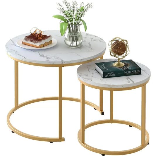 Nesting Tables Set, Set of 2, Gold Frame, Marble or Wood, 6 Colors