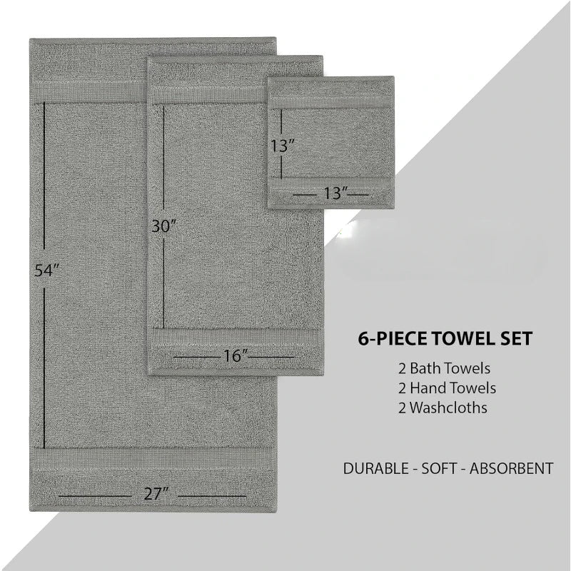 Hotel Quality Bathroom Towel Set, 6 Piece Towel Set (2 Bath Towels, 2 Hand Towels, 2  Washcloths) Gray