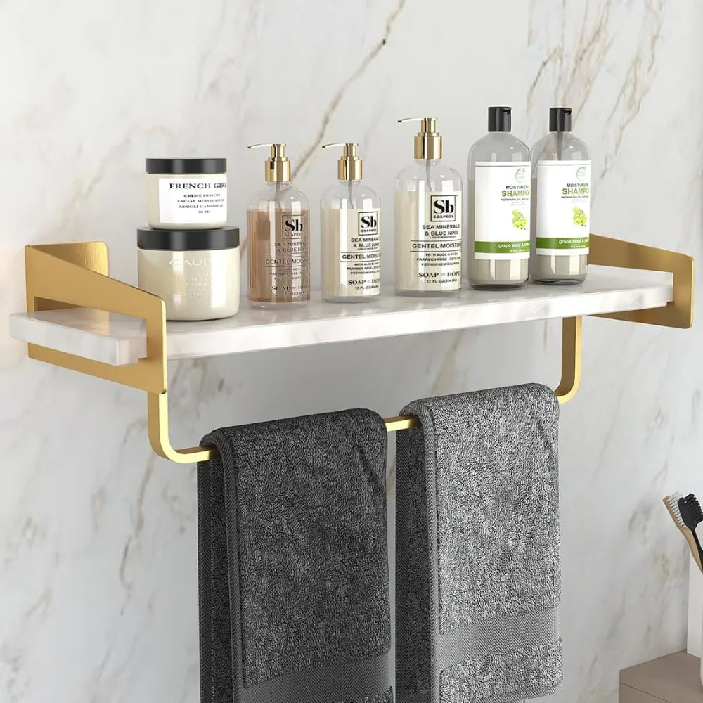 Marble Bathroom Shelf, with Towel Bar, 16 Inch Metal Wall Mount, Gold