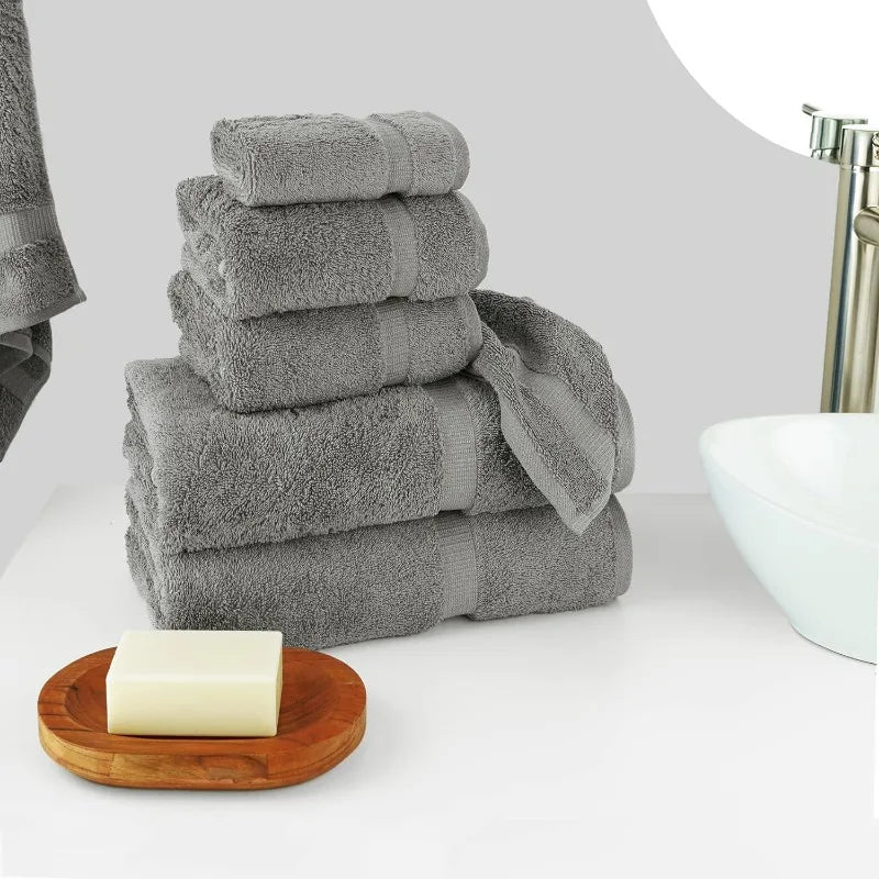 Hotel Quality Bathroom Towel Set, 6 Piece Towel Set (2 Bath Towels, 2 Hand Towels, 2  Washcloths) Gray