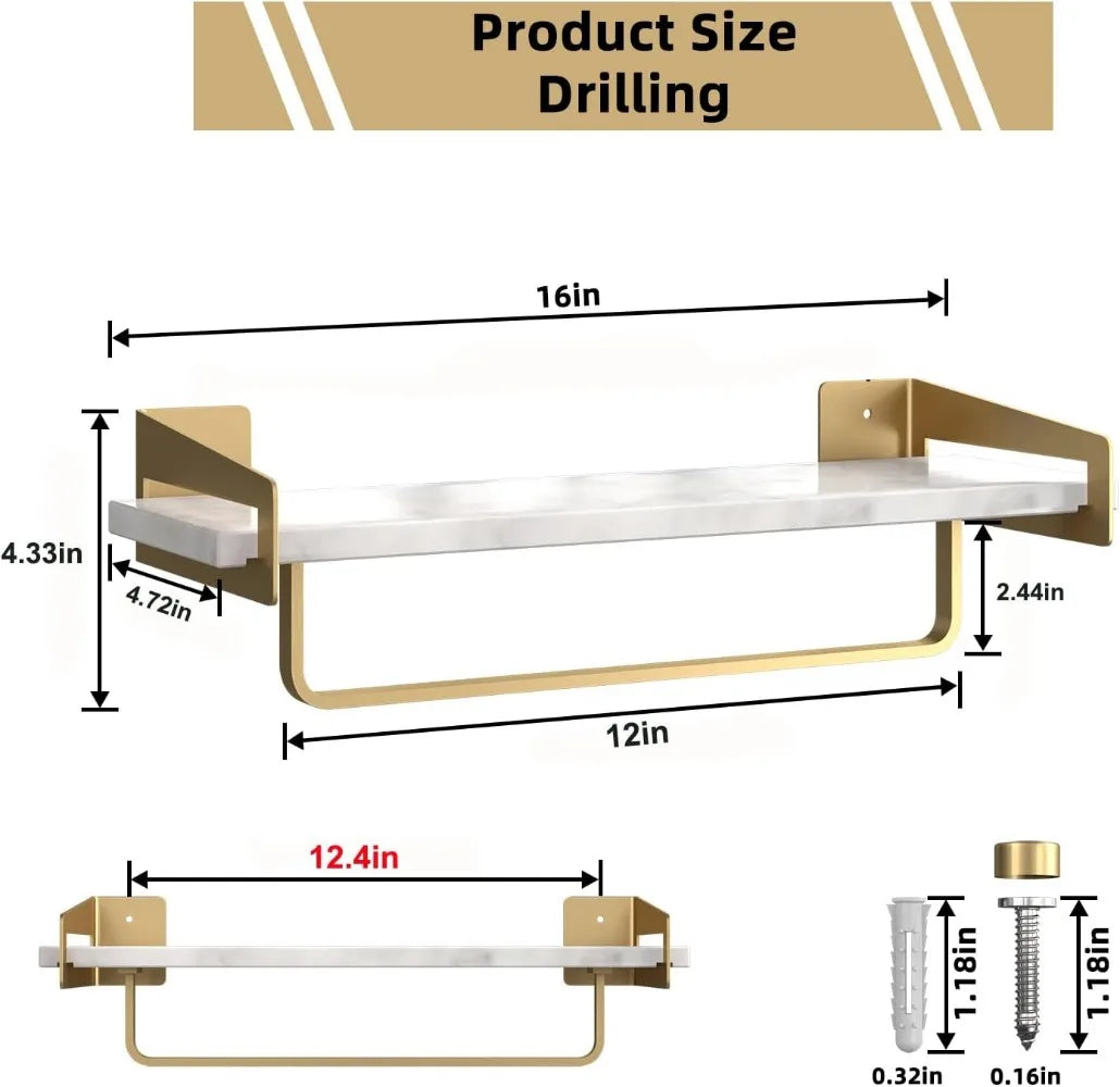 Marble Bathroom Shelf, with Towel Bar, 16 Inch Metal Wall Mount, Gold