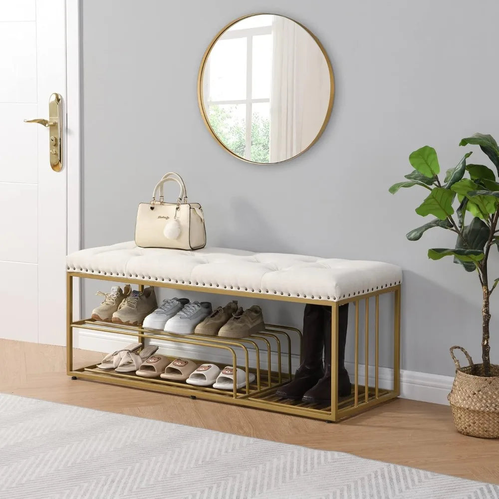 Entryway Ottoman/Storage Bench, Gold Metal Frame/Beige Padded Seat