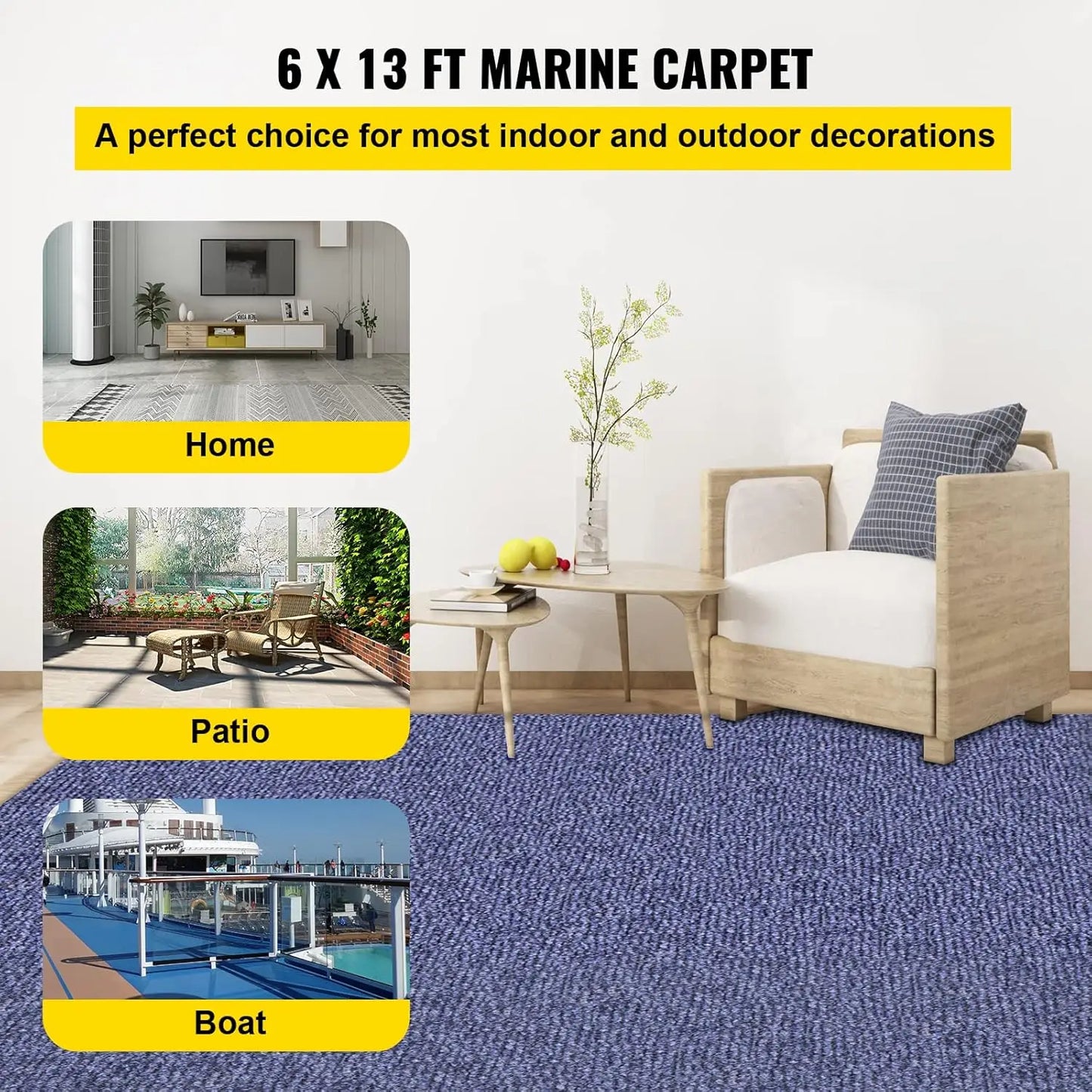 Outdoor Rug for Boats/Patio, Marine Grade Rug, 6 ft X 52.5 ft,  Waterproof, Deep Blue