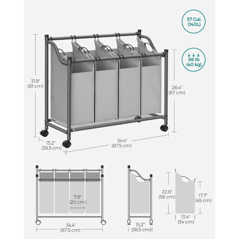 Rolling Laundry Sorter, with 4 Removable Bags, 2 Colors