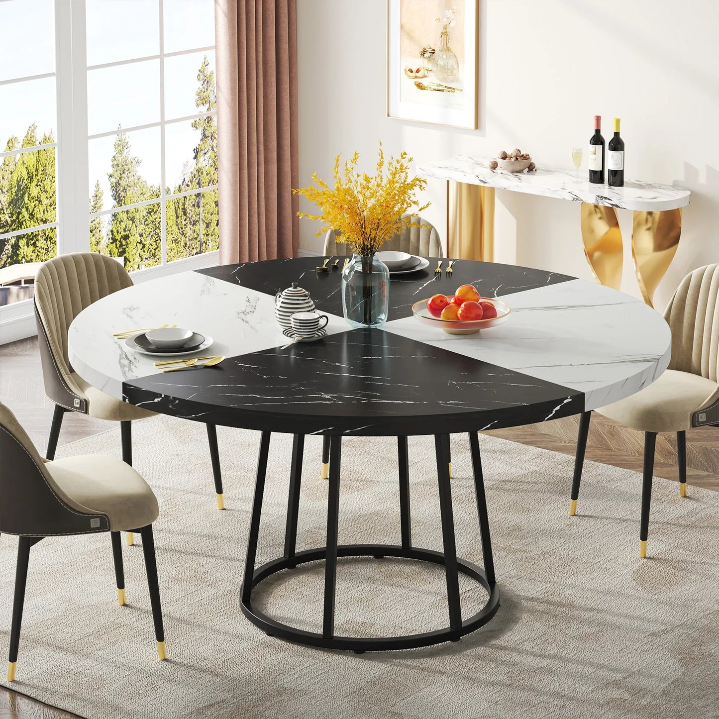 Round Dining Table, Seats 4 People, 47 Inch Table with Circular Metal Base