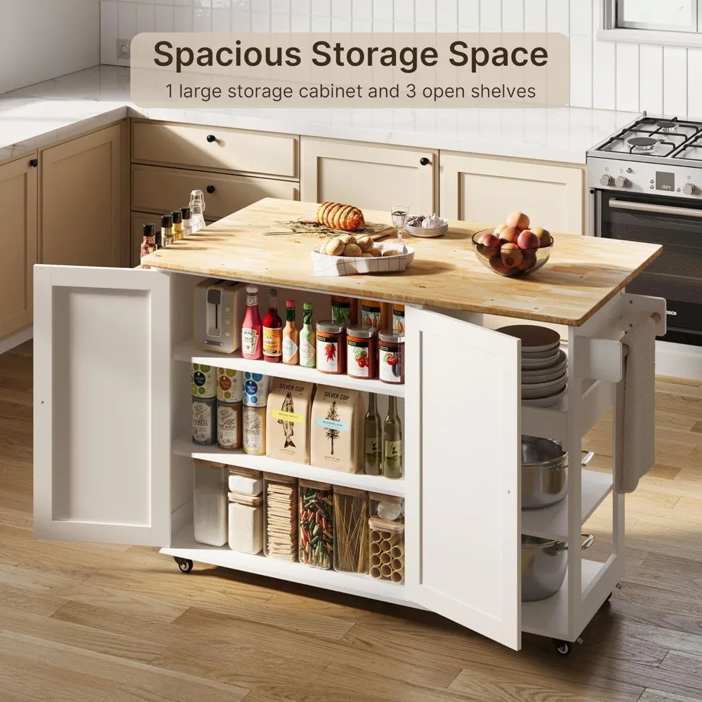 60.6 Inch Rolling Kitchen Island, with Drop Leaf, Spacious Storage