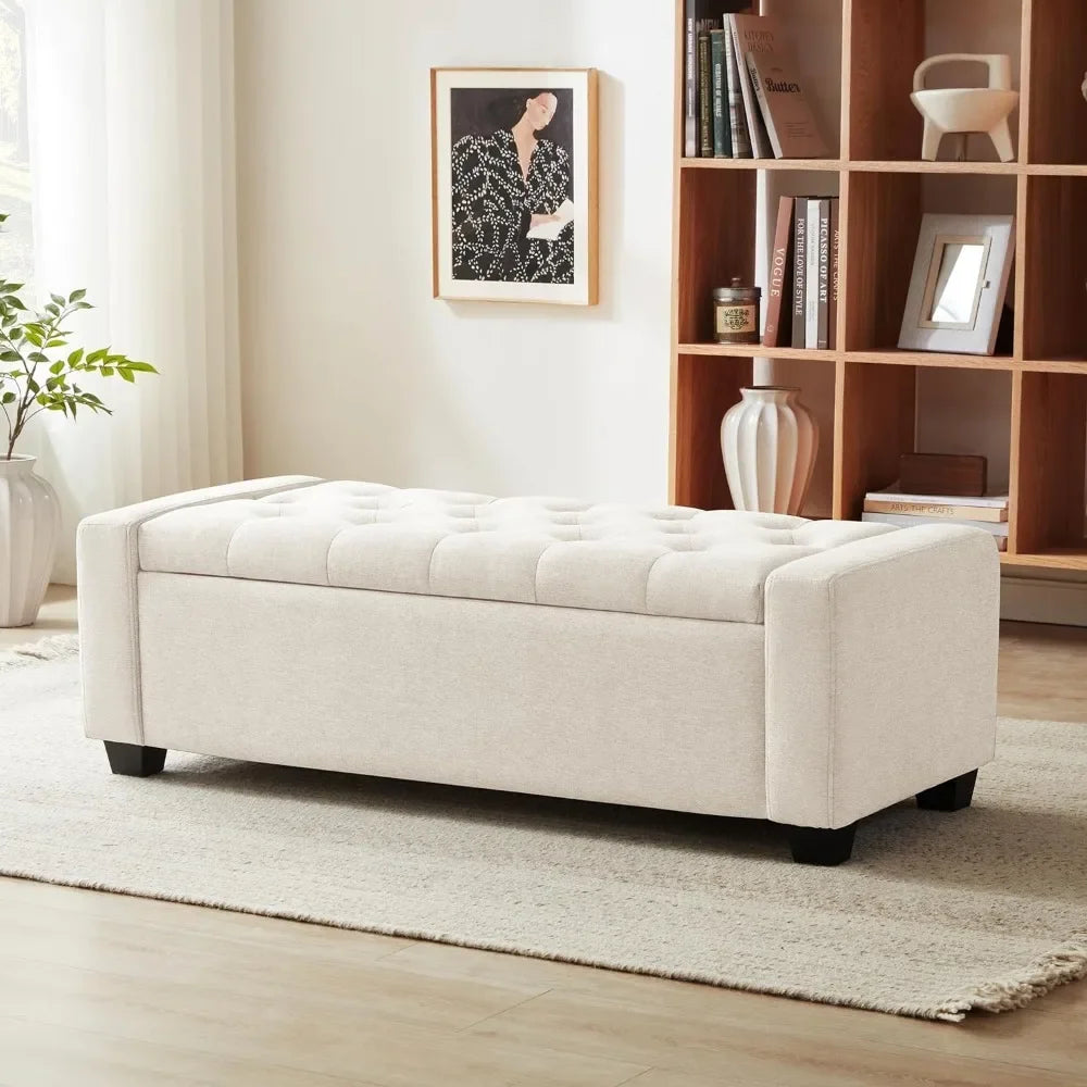 Beige Ottoman Storage Bench, Safety Hinge, Upholstered, Holds Up to 330 lbs.