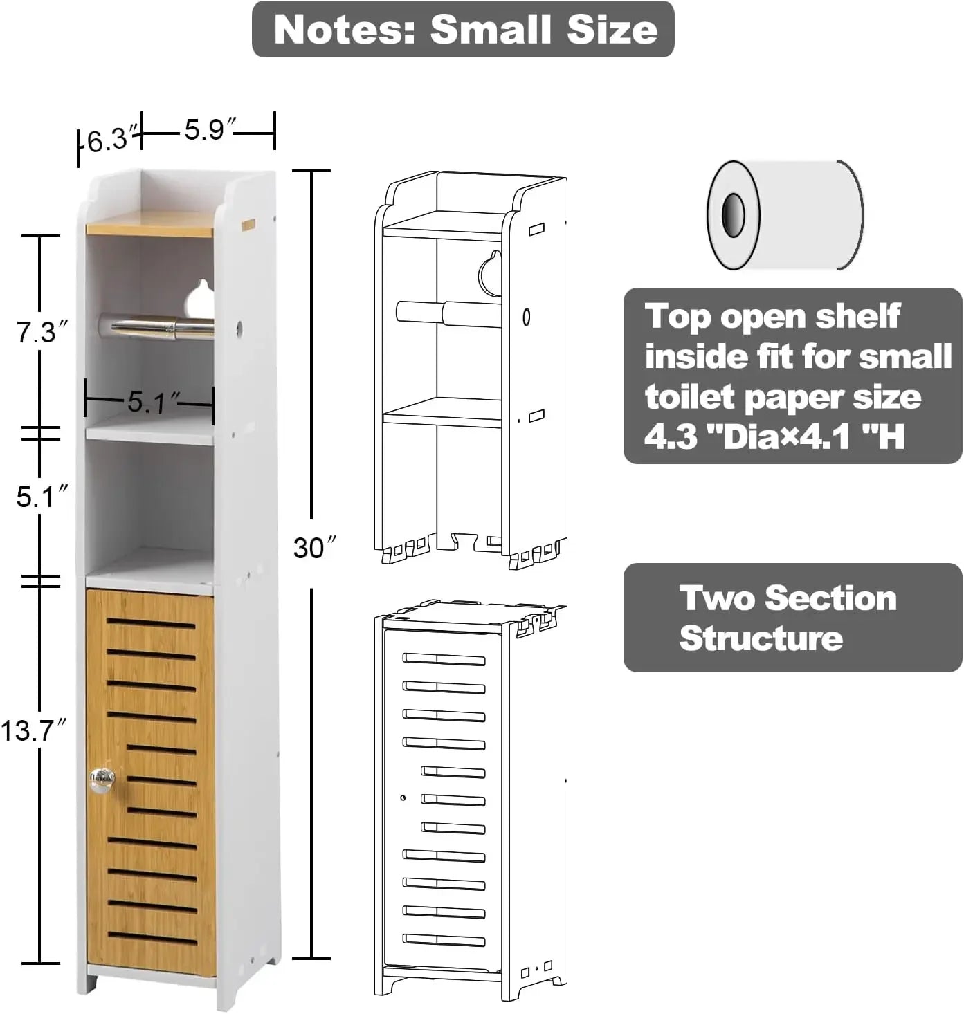 Small Bathroom Storage Cabinet, with Toilet Paper Holder, White/Bamboo