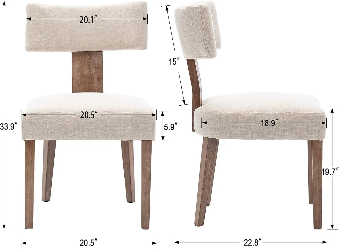 Set of 6 Dining Room, Living Room or Kitchen Side Chairs, Linen Upholstered, Wood Legs, Curved Wingback