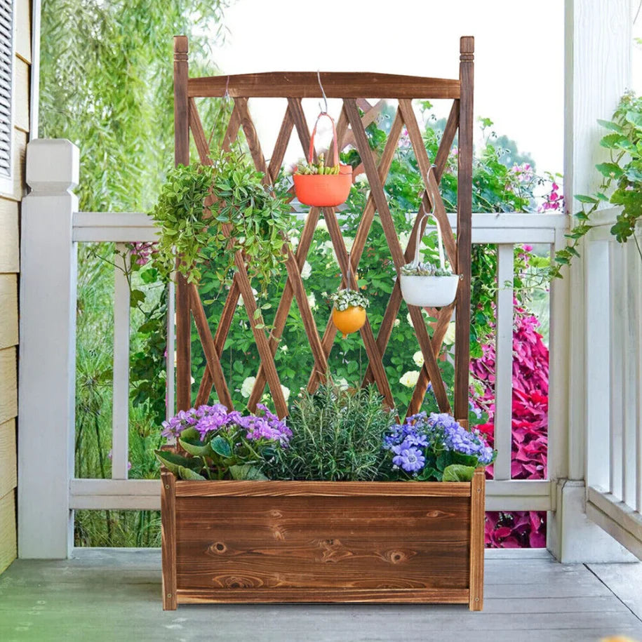 Raised Wooden Elevated Planter Box, with Trellis, Brown