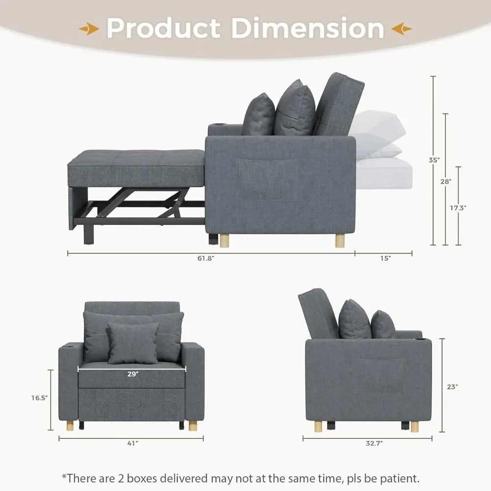 Sleeper Chair, 3-in-1 Convertible Bed, Cup Holder, Dark Grey