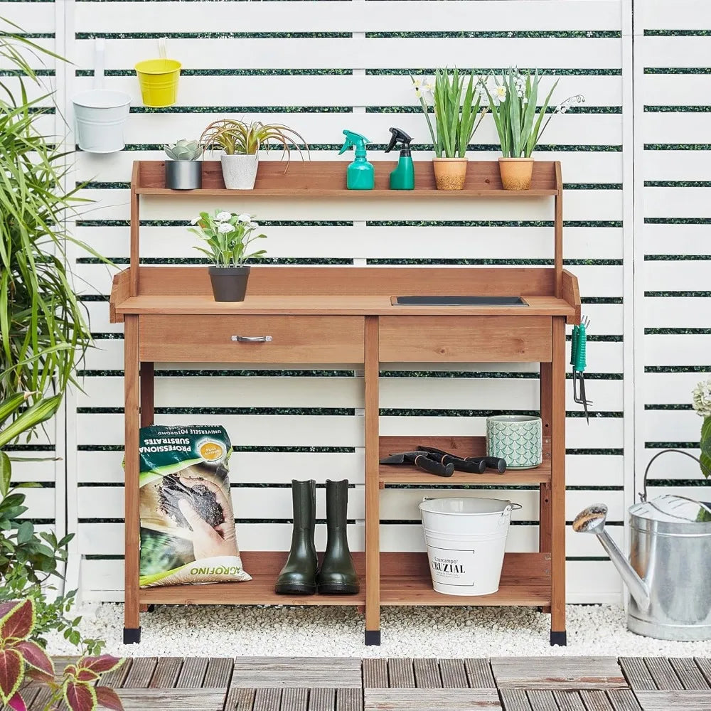 Outdoor Potting Bench/Work Bench, Removable Sink Drawer Rack, 45.2 Inch L X 17.7 Inch W X 47.6 Inch H, 3 Colors