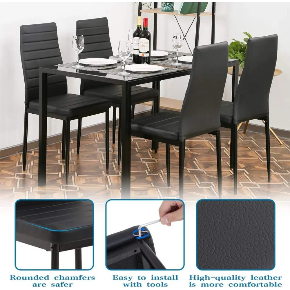 Glass Dining Table Set, 1 Table & 4 Chairs, Black