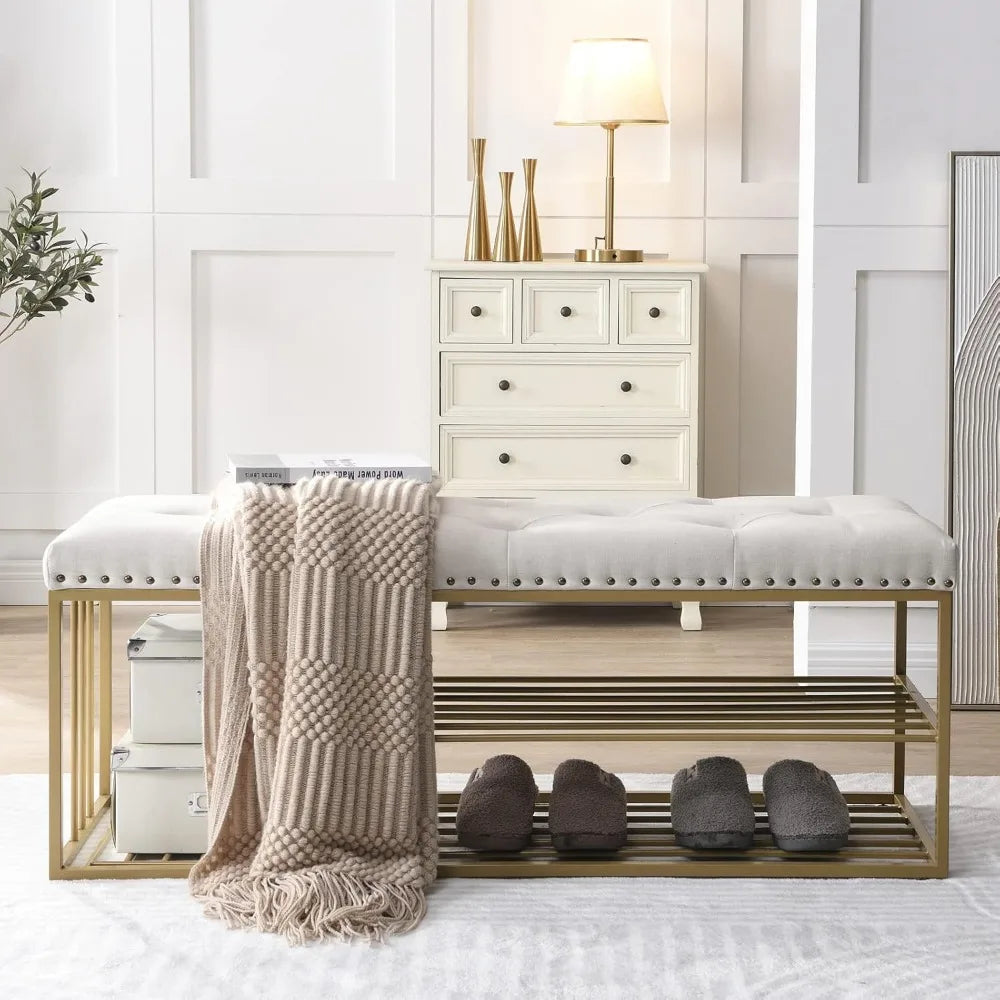 Entryway Ottoman/Storage Bench, Gold Metal Frame/Beige Padded Seat