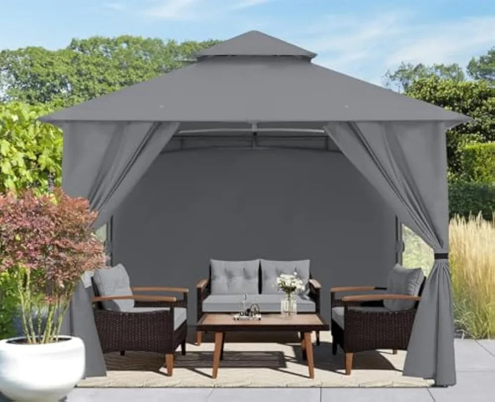 8 X 8 Ft. Outdoor Screened Gazebo, with Windows & Curtains, Sturdy Structure, Grey