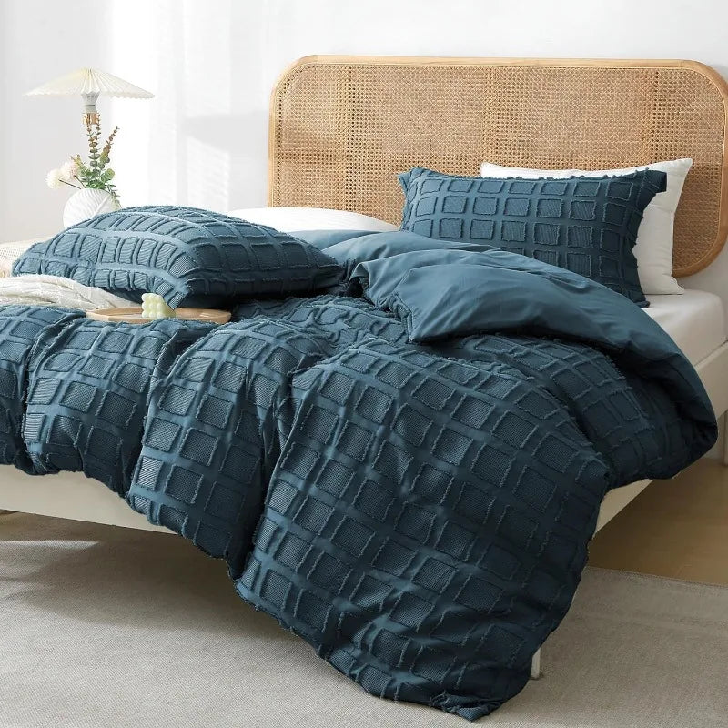 Queen Size Waffle Weave Duvet Cover Set, 3 Pieces, 100% Washed Microfiber, 8 Colors