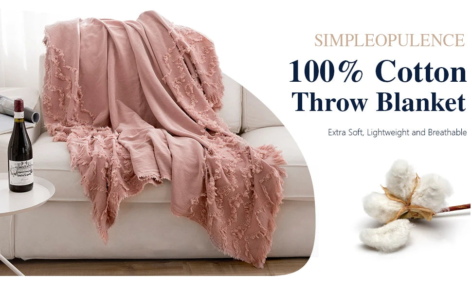 100% Cotton Throw, Woven Texture with Tassels, 2 Colors