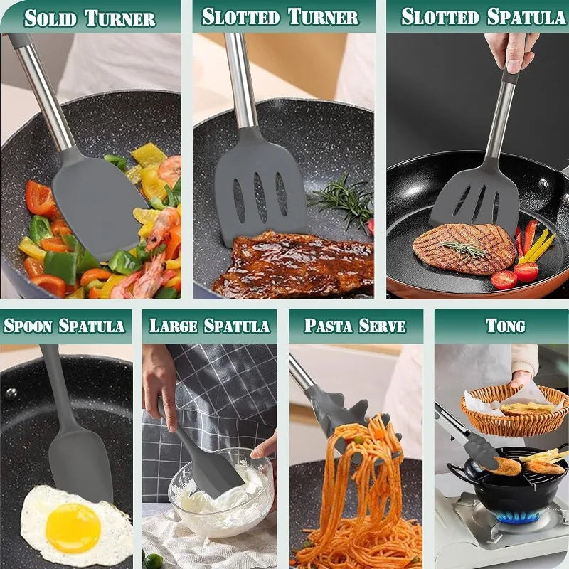 Silicone Kitchen Cooking Utensil Set, 43 Pieces, Stainless Steel Handle, Non-stick, Heat Resistant